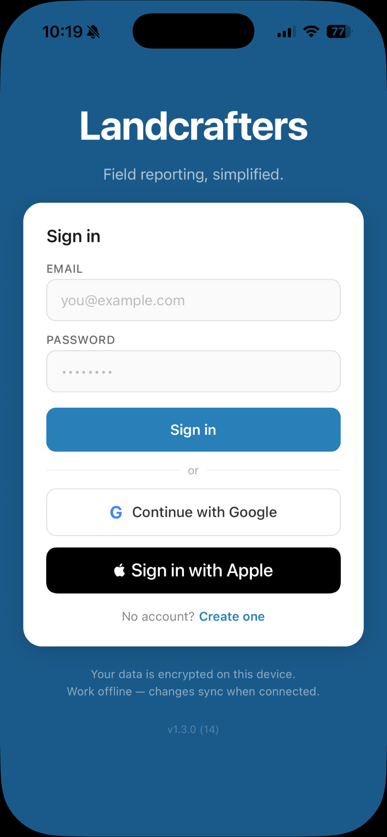 Landcrafters sign-in screen