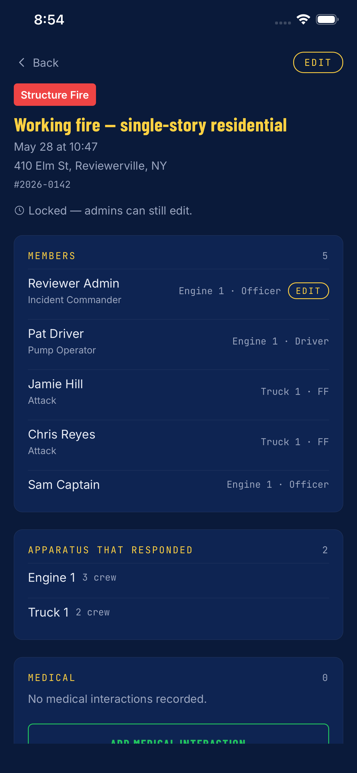 ToneLogger incident detail with member roster and apparatus